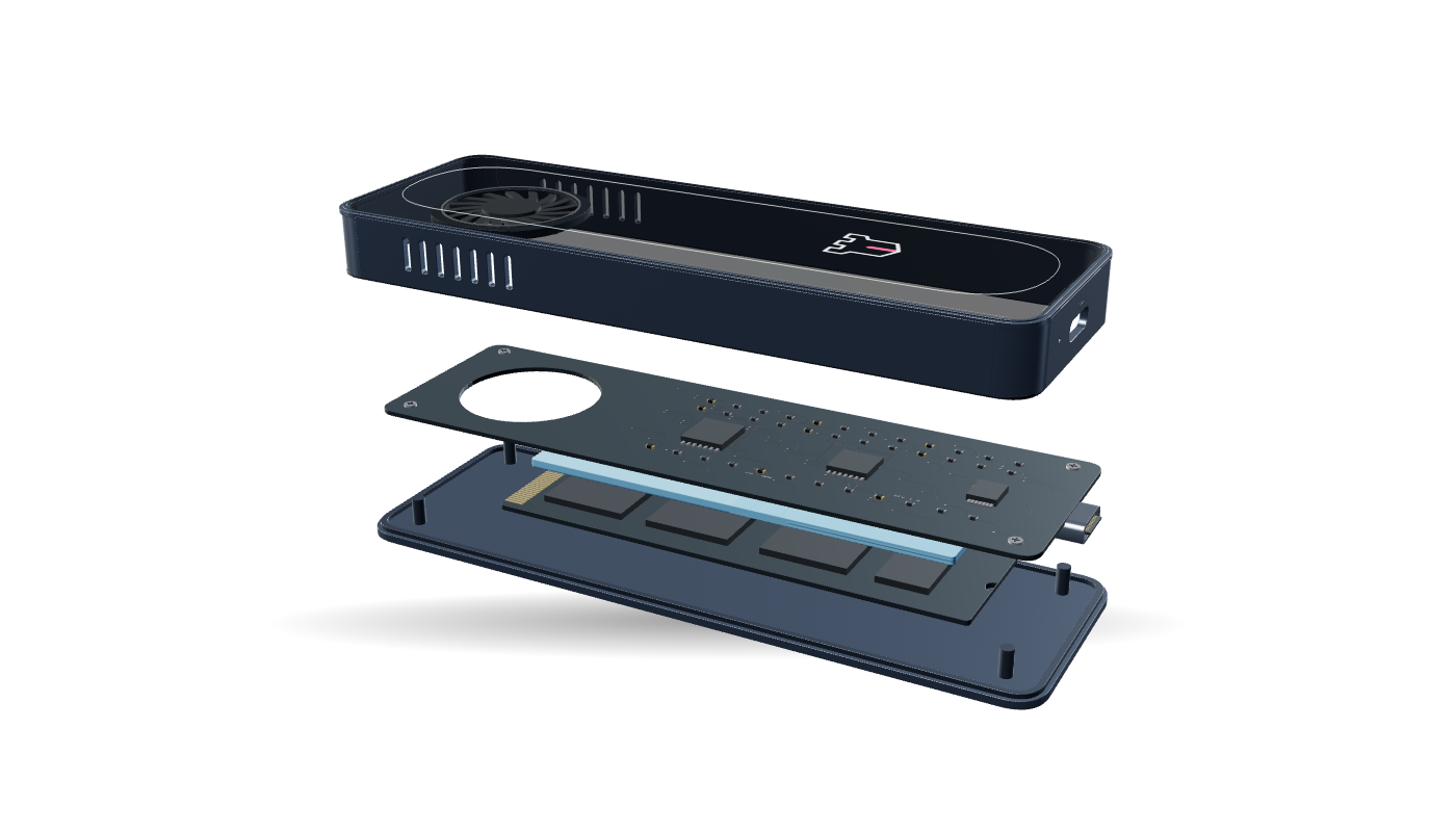 The Keep taken apart: vented shell, cooling fan, bridge board, blue thermal pad, NVMe SSD and bottom plate